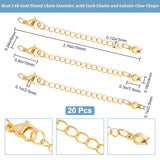 20Pcs Brass Curb Chain Extender, End Chains with Lobster Claw Clasps and Flower Chain Tabs, Long-Lasting Plated, Real 14K Gold Plated, 70x3mm