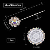 Alloy Rhinestone Flower Long Pins, Corsage Pins, Dress-making Pins, with Plastic Box, Platinum, 44x13mm, Pin: 0.8mm, about 20pcs/box