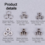 180Pcs 6 Styles 304 Stainless Steel Beads, Spacer Beads, Round & Rondelle & Bicone & Flat Round, Stainless Steel Color