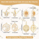 8Pcs 4 Style Rack Plating Brass Micro Pave Cubic Zirconia Pendants, with Jump Rings, Long-Lasting Plated, Cadmium Free & Lead Free, Bees & Flower with Bee, Real 18K Gold Plated, 12.5~22x13.5~17x2.5~5mm, Hole: 1.2~3.5mm, 2pcs/style