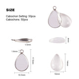 DIY Jewelry Making, with 304 Stainless Steel Pendant Cabochon Settings and Clear Glass Cabochons, teardrop, Stainless Steel Color, Tray: 14x10mm, 17.5x10.5x1.5mm, Hole: 1.6mm, 50pcs/box