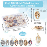 50Pcs Printed Natural Cowire Shell Pendants, Real 18K Gold Plated Copper Wire Wrapped Shell Charms, Mixed Color, 23.5~26.5x11.5~13.5x5.5~7mm, Hole: 3.4~4mm