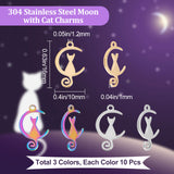 30Pcs 3 Colors 304 Stainless Steel Pendants, Halloween Style, Moon with Cat, Mixed Color, 16x10x1mm, Hole: 1.2mm, 10pcs/color