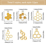 60Pcs 5 Style Alloy Pendants, with Enamel, Hollow Honeycomb Charm, Golden, 19~29.5x15~18x2mm, Hole: 2mm, 12pcs/style