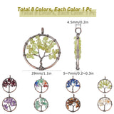 8Pcs 8 Colors Gemstone Pendants, with Red Copper Brass Findings, Red Copper, Flat Round with Tree of Life, 29x5~7mm, Hole: 4.5mm, 1pc/color