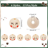 90Pcs 6 Styles Printed Wood European Beads, Large Hole Round Bead with Smiling Face Pattern, Undyed, BurlyWood, 20x17.5~18mm, Hole: 4.5~5mm, 15pcs/style