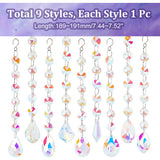 9Pcs 9 Style AB Color Faceted Glass Suncatchers, Big Pendant Decoration, Rainbow Maker, with 201 Stainless Steel Hooks, Maple Leaf/Horse Eye/Cone/Teardrop, Clear AB, 189~191mm, 1pc/style