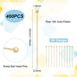 4 Bags Brass Ball Head Pins, for Jewelry Making, Real 18K Gold Plated, 24 Gauge, 30x0.5mm, Head: 1.8mm, about 100pcs/bag