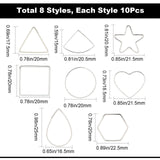 80Pcs 8 Styles Brass Linking Rings, Star & Rings & Teardrop & Triangle & Square & Heart & Fan & Hexago, Platinum, 17.5~29x16.5~22.5x0.8~1.1mm, 10pcs/style