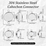 80Pcs 4 Styles 304 Stainless Steel Cabochon Connector Settings, Plain Edge Bezel Cups, Flat Round, Stainless Steel Color, Tray: 8~16mm, 15~25x10~18x2mm, Hole: 1.5~2.5mm, 20pcs/style