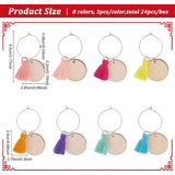 24Pcs 8 Colors Flat Round Wood & Tassel Dangle Wine Glass Charms, Brass Hoop Earrings, Mixed Color, 55mm, Pin: 0.8mm, 3pcs/color