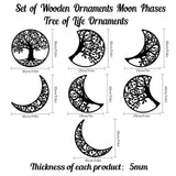 MDF Wood Wall Art Decorations, Home Hanging Ornaments, Moon Phase with Tree of Life, Black, 300x280~300mm, 7 style, 1pc/style, 7pcs/set
