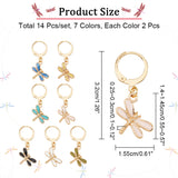 14Pcs 7 Color Alloy Enamel Dragonfly Charms Locking Stitch Markers, with Gold Tone 304 Stainless Steel Leverback Earring Findings, Mixed Color, 32mm, Pin: 1x0.8mm, 2Pcs/color