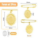 2Pcs Oval Blank Glass Dome Wedding Bouquet Photo Charms Safety Pin Brooches, Alloy Lapel Pins for Party Decoration, Golden, 53mm