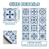 Waterproof PVC Tile Stickers, for Kitchen Bathroom Waterprrof Wall Tiles, Square with Flower Pattern, Blue, 100x100mm, 12 style, 3pcs/style, 36pcs/set