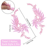 4Pcs 2 Style Leaf Computerized Embroidery Cloth Iron on/Sew on Patches, Costume Accessories, Appliques, Pink, 160x77x1mm, 2pcs/style