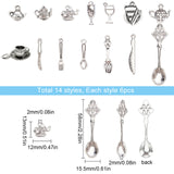 84Pcs 14 Style Tibetan Style Tableware Alloy Pendants, Kitchen Utensil Pendants, Antique Silver, 13~58x3~19x1.5~9.5mm, Hole: 1~2mm, 6pcs/style