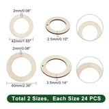 48Pcs 2 Styles Wood Big Pendants, Ring, Antique White, 42~60x2.5~3.5mm, Hole: 2mm, 24pcs/style