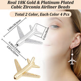 8Pcs 2 Colors Brass Micro Pave Cubic Zirconia Airliner Beads, Long-Lasting Plated, Lead Free & Cadmium Free & Nickel Free, Passenger Airplane, Clear, Mixed Color, 26.5x22x8mm, Hole: 1.6mm, 4pcs/color