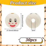 Printed Wood European Beads, Large Hole Beads, Round with Smiling Face Pattern, BurlyWood, 21.5x20.5mm, Hole: 5mm