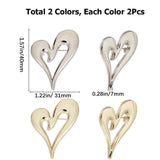 4Pcs 2 Colors Alloy Heart Brooch Pin, Badge for Backpack Clothes, Platinum & Light Gold, 40x31x7mm, Pin: 0.7mm, 2pcs/color