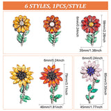 6Pcs 6 Style Sunflower Pattern Felt Ornament Accessories, Rhinestone Beading Appliques, Mixed Color, 58~85x35~45x6mm, 1pc/style
