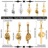 36Pcs 6 Style Tibetan Style Alloy Big Pendants, Sword with Skull/Heart Charm, Antique Silver & Antique Golden, 49~55.5x17~18.5x5~7mm, Hole: 2~3.2mm, 6pcs/style