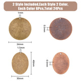 24Pcs 4 Style Metal Tags, Brass Stamping Blank Tag Pendants, Oval & Flat Round, Mixed Color, 34~40x30~34x0.5mm, hole: 1~1.5mm, 6pcs/style