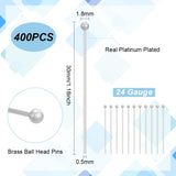 4 Bags Brass Ball Head Pins, for Jewelry Making, Real Platinum Plated, 24 Gauge, 30x0.5mm, Head: 1.8mm, about 100pcs/bag