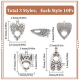 30PCS 3Style Tibetan Style Alloy Pendants, Antique Silver, Heart, Antique Silver, 27.5~32x18~23x1.4mm, Hole: 2.4~2.5mm, 10pcs/style