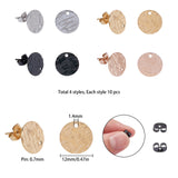 304 Stainless Steel Stud Earring Findings, with Ear Nuts/Earring Backs & Loop, Textured, Flat Round, Mixed Color, 12x1mm, Hole: 1.4mm, Pin: 0.7mm, 40pcs/box