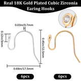 12Pcs 2 Colors Brass Earring Hooks, Shepherd's Hook Ear Wire, with Cubic Zirconia, Platinum & Golden, 3mm, Pin: 0.7mm, 6Pcs/color