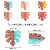 Resin & Wood Pendants, Tropical Leaf Charms, Monstera Leaf Pendant, Mixed Color, 30x28x3.5mm, Hole: 2mm, 6 colors, 2pcs/color, 12pcs/box