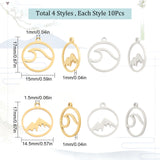 40Pcs 4 Style Stainless Steel Pendants, Round Ring with Wave & Mountain, Golden & Stainless Steel Color, 17x14.5~15x1mm, 10pcs/style