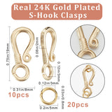 10Pcs Brass Hook Clasps, with 20Pcs Jump Rings, Real 24K Gold Plated, Hook Clasps: 19x8x2mm, Hole: 3mm, 10pcs