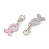 October Breast Cancer Pink Awareness Ribbon, with Angel Wing Alloy Enamel Pendants, with Rhinestone and Alloy Lobster Claw Clasps, Pearl Pink, 32mm