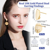 20Pcs Brass Stud Earring Findings, with Vertical Loops, Twist Flat Round, with 50Pcs Eco-Friendly Plastic Ear Nuts, Golden, 11x11mm, Hole: 2mm, Pin: 0.8mm