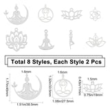 16Pcs 8 Style 201 Stainless Steel Pendants, Laser Cut Pendants, Yoga Style, Lotus & Ring & Flower, Stainless Steel Color, 2pcs/style