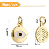 Brass Enamel Charms, with Jump Rings, Long-Lasting Plated, Flat Round with Evil Eye, Real 18K Gold Plated, 12.5x10x2mm, Hole: 3mm, 10pcs/box