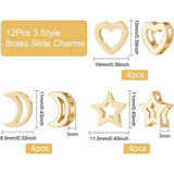 12Pcs 3 Style Brass Slide Charms, Long-Lasting Plated, Star & Moon & Heart, Real 18K Gold Plated, 10~11x8.5~11.5x3.5mm, Hole: 1.5~2x2~5mm, 4pcs/style