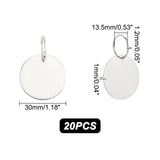 20Pcs Stainless Steel Pendants, with Iron Jump Ring, Flat Round Charm, Stainless Steel Color, 30x1mm, Jump Ring: 16x1.2mm, 13.5mm inner diameter
