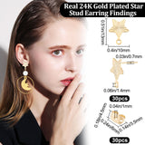 30Pcs 201 Stainless Steel Stud Earring Findings, with Horizontal Loop and 316 Stainless Steel Pin, Star, with 30Pcs Friction Ear Nuts, Real 24K Gold Plated, 13x10mm, Hole: 1.4mm, Pin: 0.7mm