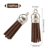 100Pcs Faux Suede Tassel Pendant Decorations, with CCB Plastic Cord Ends, Platinum, Coconut Brown, 35~37x10mm, Hole: 2.5~3mm