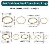 400Pcs 5 Styles 304 Stainless Steel Open Jump Rings, Round Ring, Real 24K Gold Plated, 4~10x0.8~1mm, Inner Diameter: 2.4~8.5mm, 80pcs/style