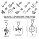 40Pcs 10 Style Tibetan Style Alloy European Dangle Charms, Large Hole Pendants, Antique Silver, 40pcs/box