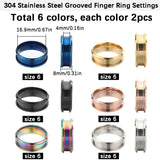 12Pcs 6 Colors 304 Stainless Steel Grooved Finger Ring Settings, Ring Core Blank, for Inlay Ring Jewelry Making, Mixed Color, US Size 6 1/2(16.9mm), 2Pcs/color