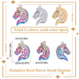 12Pcs 3 Colors 201 Stainless Steel Pendants, Horse Head Charms, Mixed Color, 32x22x2mm, Hole: 2mm, 4pcs/color