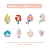 40Pcs 8 Styles Opaque & Transparent Resin Pendants, with Platinum Tone Iron Loops and Glitter Powder, Mermaid & Heart & Shell, Mixed Shapes, Mixed Color, 16.5~28x14~18.5x5.5~7mm, Hole: 1.8~2mm, 5pcs/style