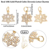 6Pcs Brass Micro Pave Clear Cubic Zirconia Charms, Cadmium Free & Lead Free, Lotus Charm, Real 18K Gold Plated, 13x12x2.5mm, Hole: 3.5mm