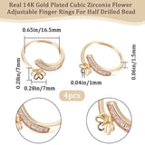 4Pcs Brass Micro Pave Clear Cubic Zirconia Cuff Ring Setting, Flower, for Half Drilled Beads, Real 14K Gold Plated, US Size 6(16.5mm), Pin: 1mm